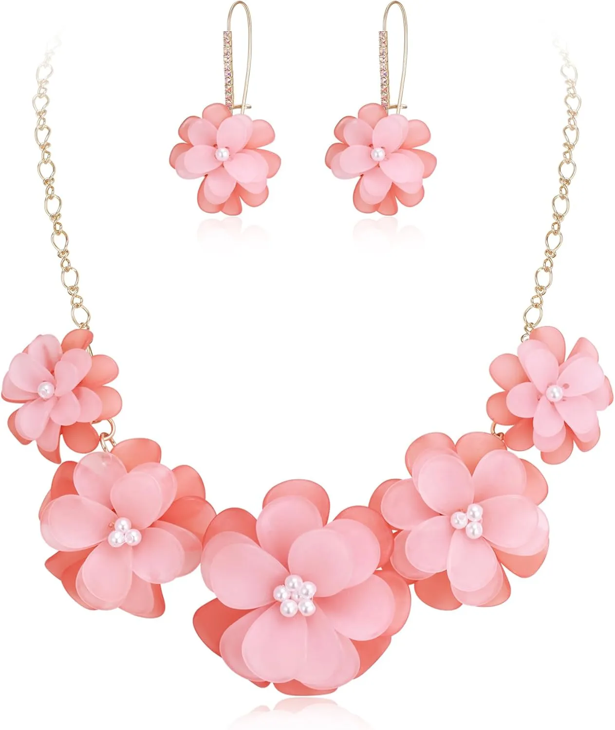 EVER FAITH Flower Collar Necklace, Faux Pearl Floral Summer Beach Statement Choker Necklaces Dangle Earrings for Women, Handmade Fashion Boho Party Prom Jewelry Accessories