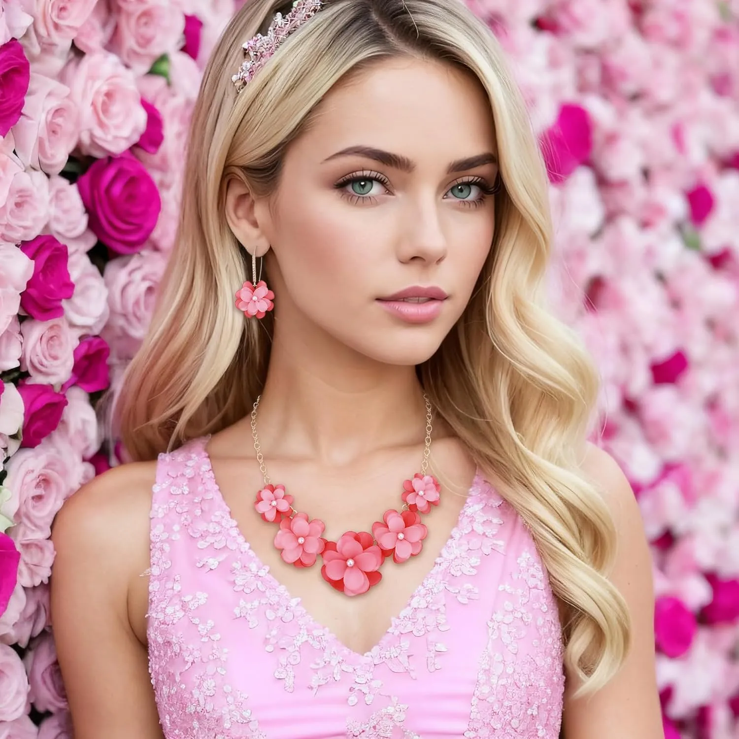 EVER FAITH Flower Collar Necklace, Faux Pearl Floral Summer Beach Statement Choker Necklaces Dangle Earrings for Women, Handmade Fashion Boho Party Prom Jewelry Accessories