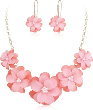 EVER FAITH Flower Collar Necklace, Faux Pearl Floral Summer Beach Statement Choker Necklaces Dangle Earrings for Women, Handmade Fashion Boho Party Prom Jewelry Accessories