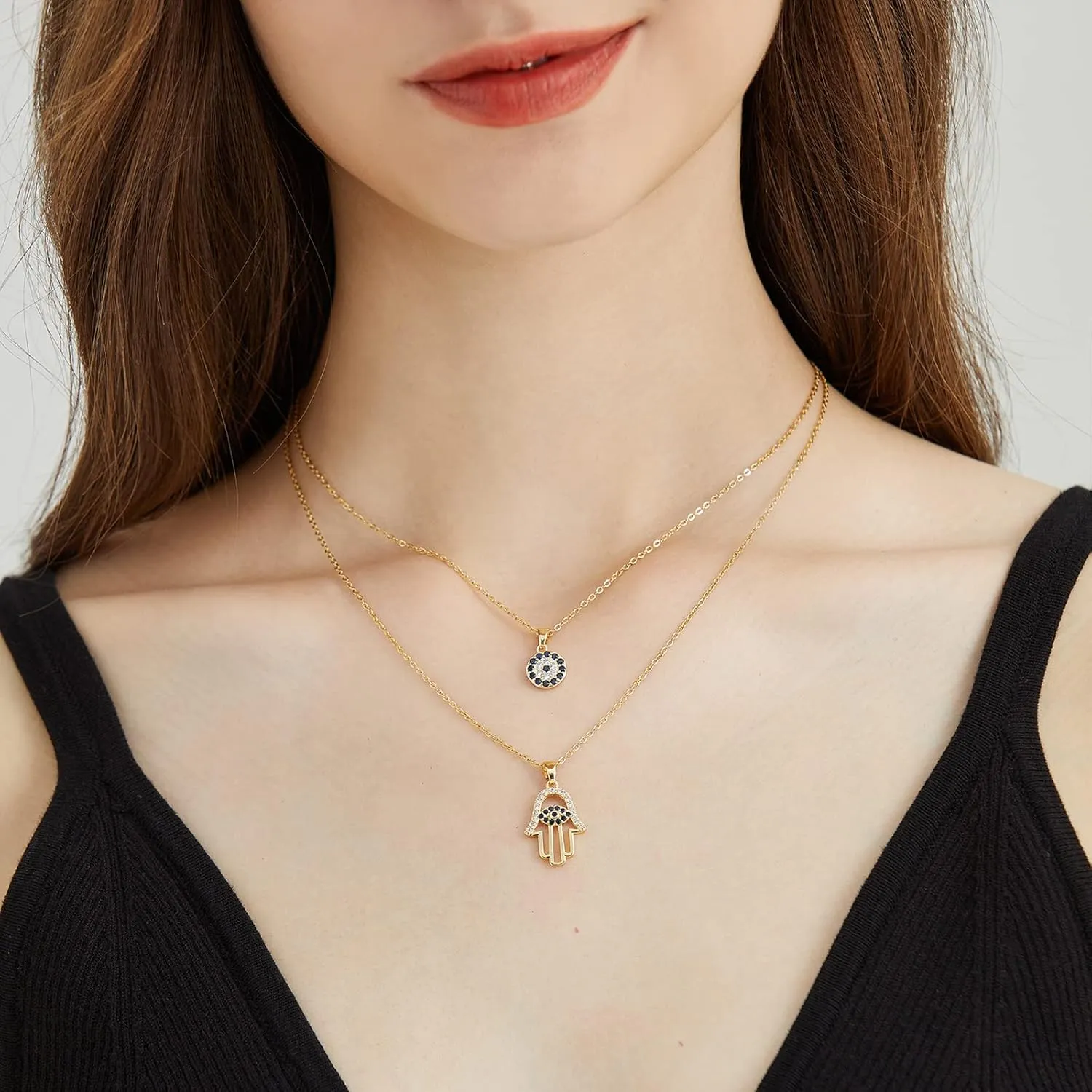 Evil Eye Necklace for Women 18K Gold Plated Dainty Gold Evil Eye Pendant Necklace Hamsa Hand Necklace Protection Necklace for Women