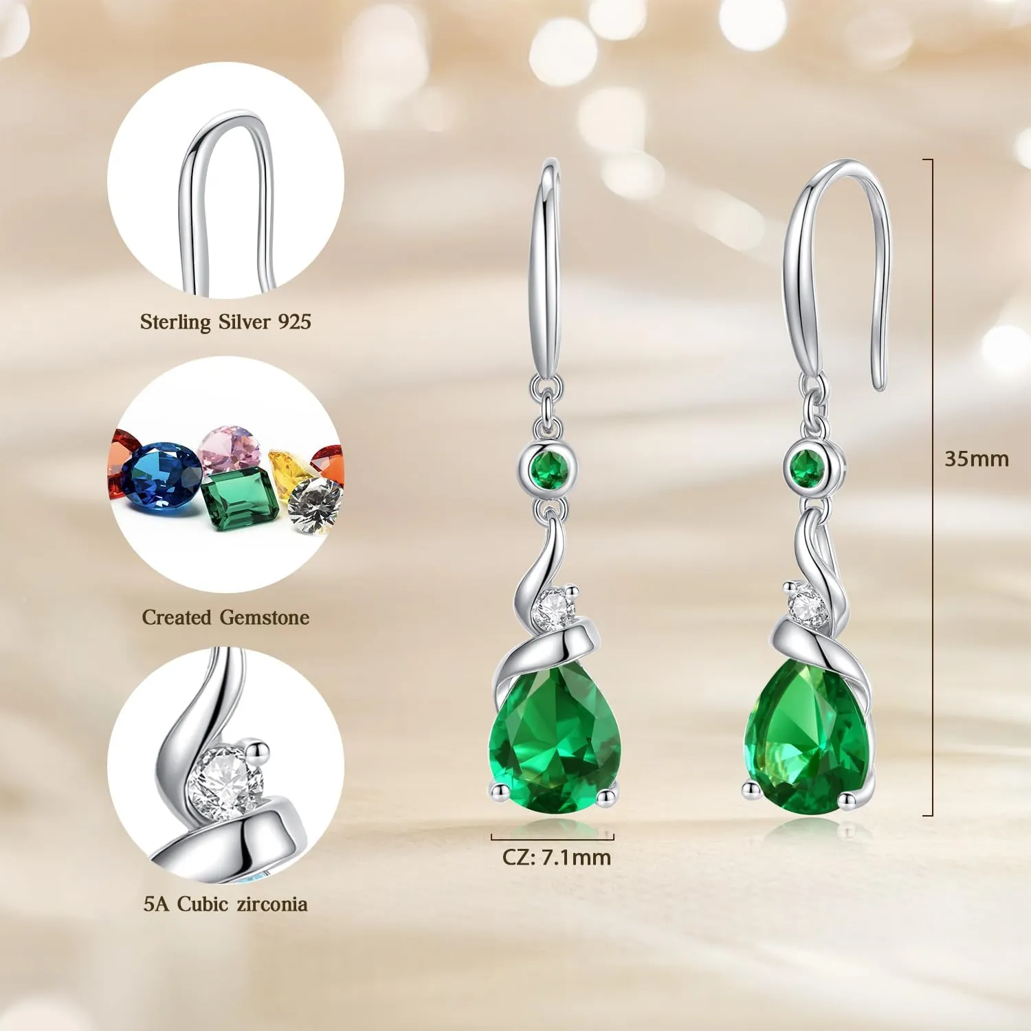 FANCIME Women Drop Earrings 925 Sterling Silver with Pear Gemstone Dangle Birthstone Earring Fine Jewelry Birthday Gifts for Women