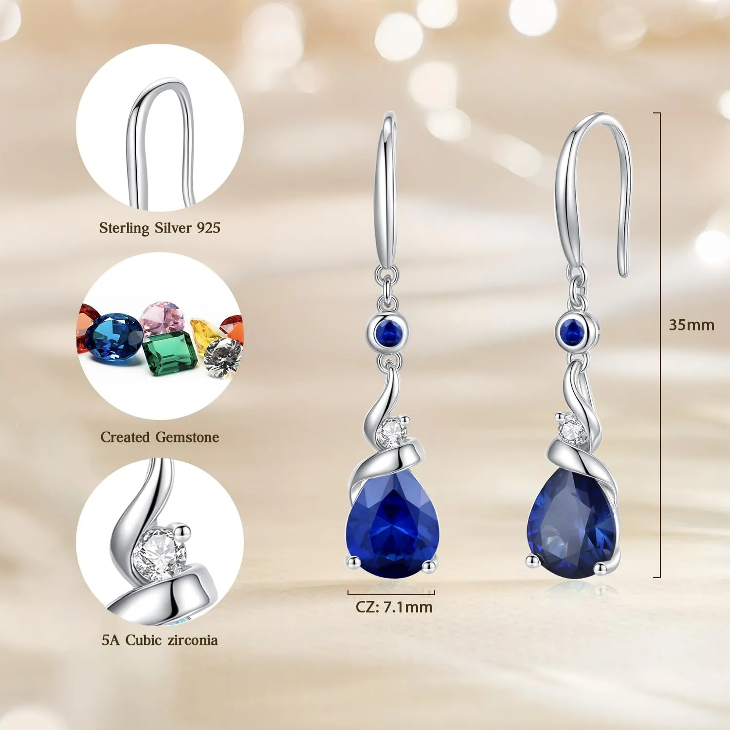 FANCIME Women Drop Earrings 925 Sterling Silver with Pear Gemstone Dangle Birthstone Earring Fine Jewelry Birthday Gifts for Women