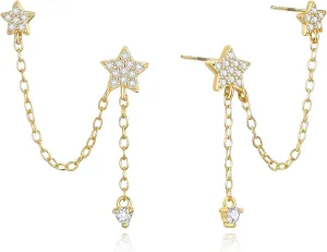FANZE 925 Sterling Sliver Chain Stud Earrings for Women, Gold Plated Cubic Zircon Star Dangle Earrings Hypoallergenic Dainty Jewelry Gift for Holiday