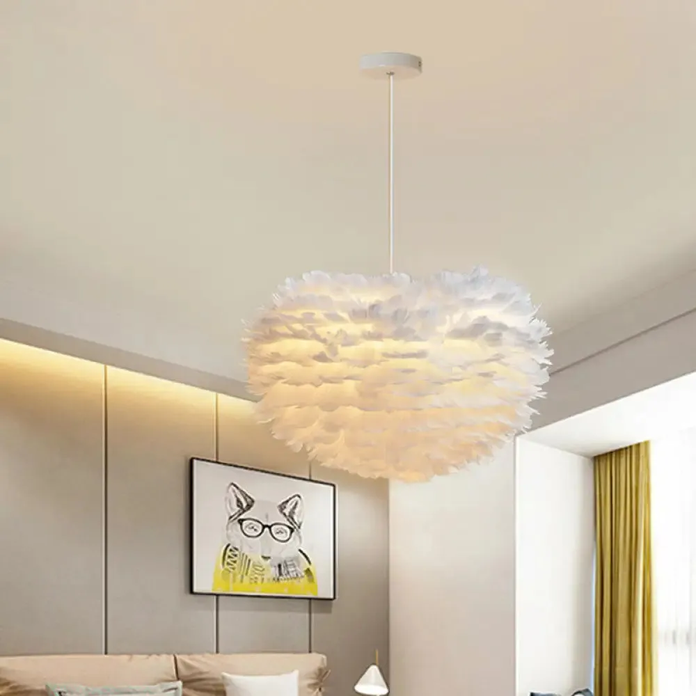 Feather Hemispherical Pendant Lamp - Minimalist White Suspension Light for Bedroom
