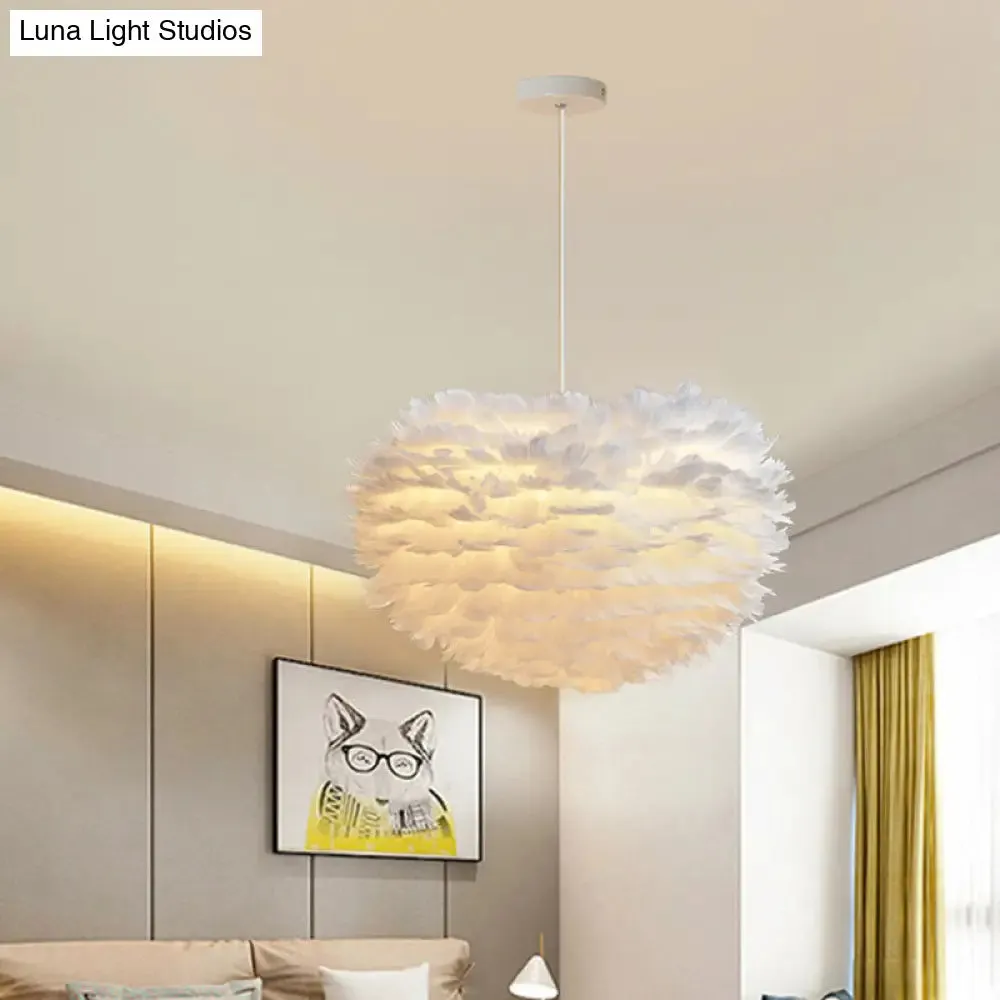 Feather Hemispherical Pendant Lamp - Minimalist White Suspension Light for Bedroom