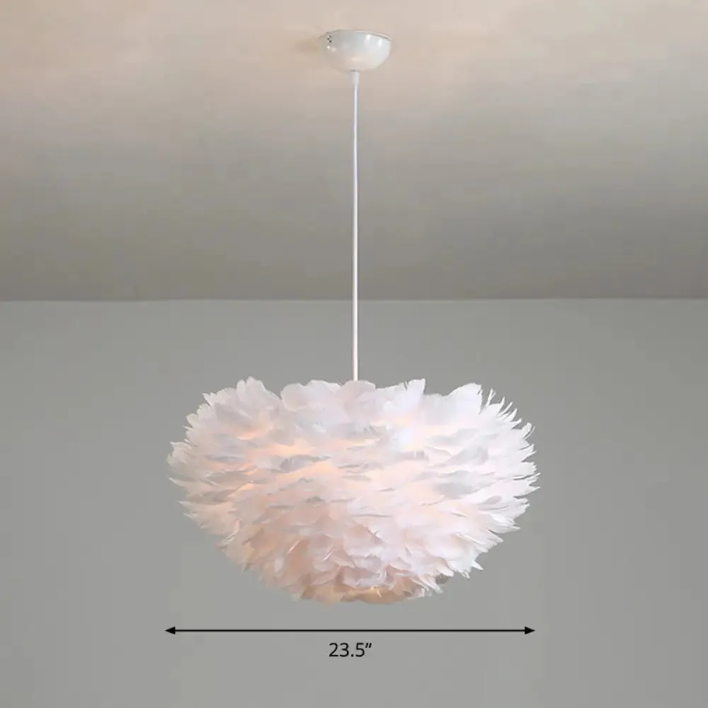 Feather Hemispherical Pendant Lamp - Minimalist White Suspension Light for Bedroom