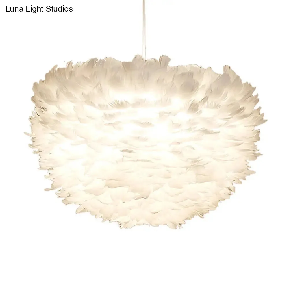 Feather Hemispherical Pendant Lamp - Minimalist White Suspension Light for Bedroom