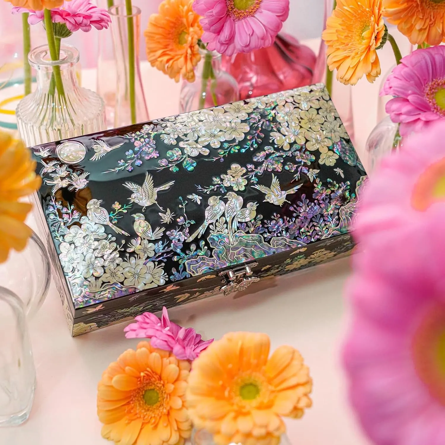 February Mountain Mother of Pearl Jewelry Box with Removable Ring Tray - Gifts for Women Birthday Wedding Christmas