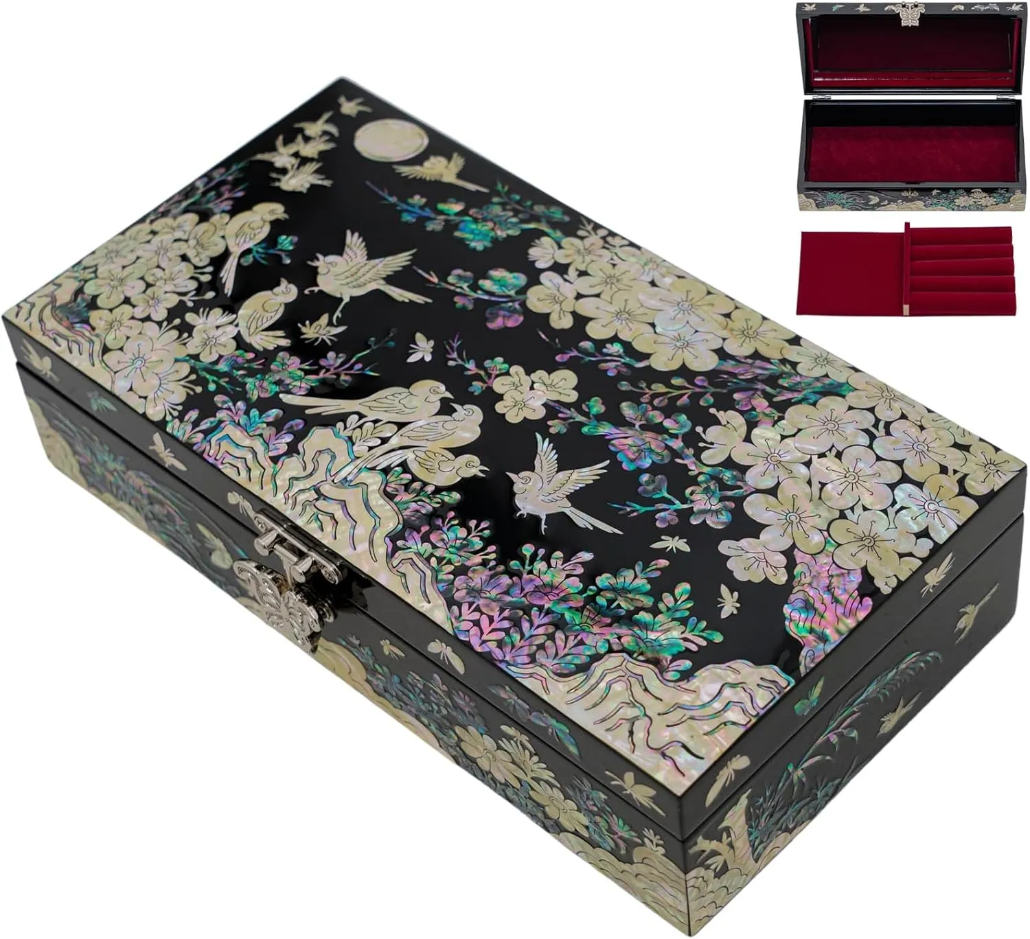 February Mountain Mother of Pearl Jewelry Box with Removable Ring Tray - Gifts for Women Birthday Wedding Christmas