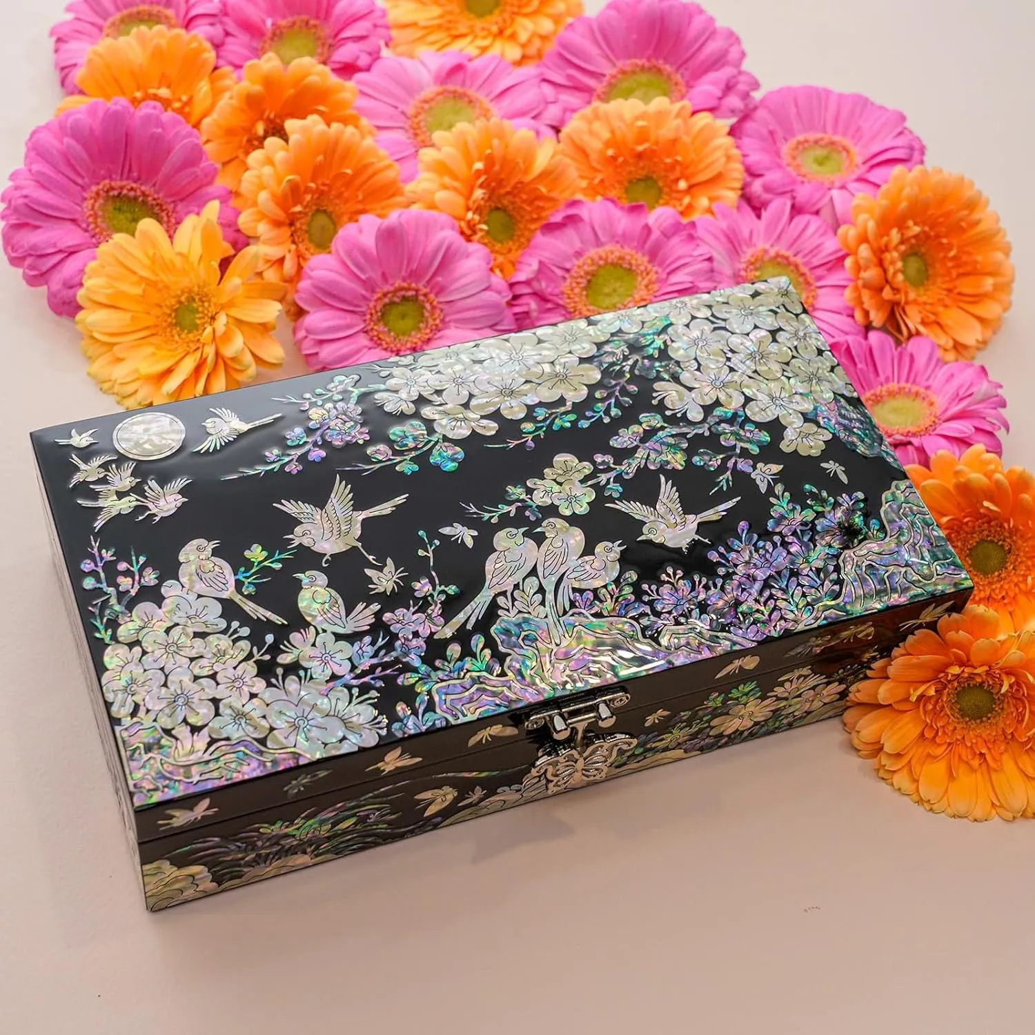 February Mountain Mother of Pearl Jewelry Box with Removable Ring Tray - Gifts for Women Birthday Wedding Christmas