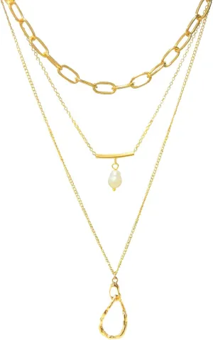 Female Triple Layered Necklace with Freshwater Baroque Pearl and Irregular Oval Metal Pendant, Toggle Choker, Minimalist Style Jewelry Gift for Women