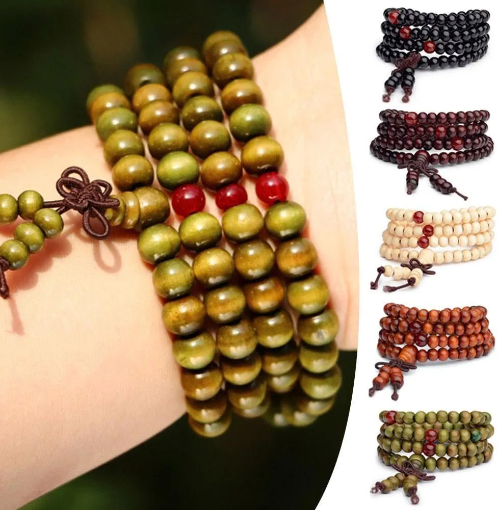 Feng shui bracelet,Braided Rope Bracelet, 108 Prayer Wooden Beads Bracelet, 8MM Meditation Buddha Tibetan Bracelet, Natural Ebony Sandalwood Prayer Beads Wrist Necklace Chain for Men and Women
