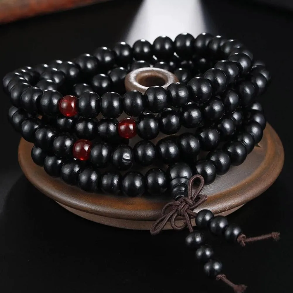 Feng shui bracelet,Braided Rope Bracelet, 108 Prayer Wooden Beads Bracelet, 8MM Meditation Buddha Tibetan Bracelet, Natural Ebony Sandalwood Prayer Beads Wrist Necklace Chain for Men and Women