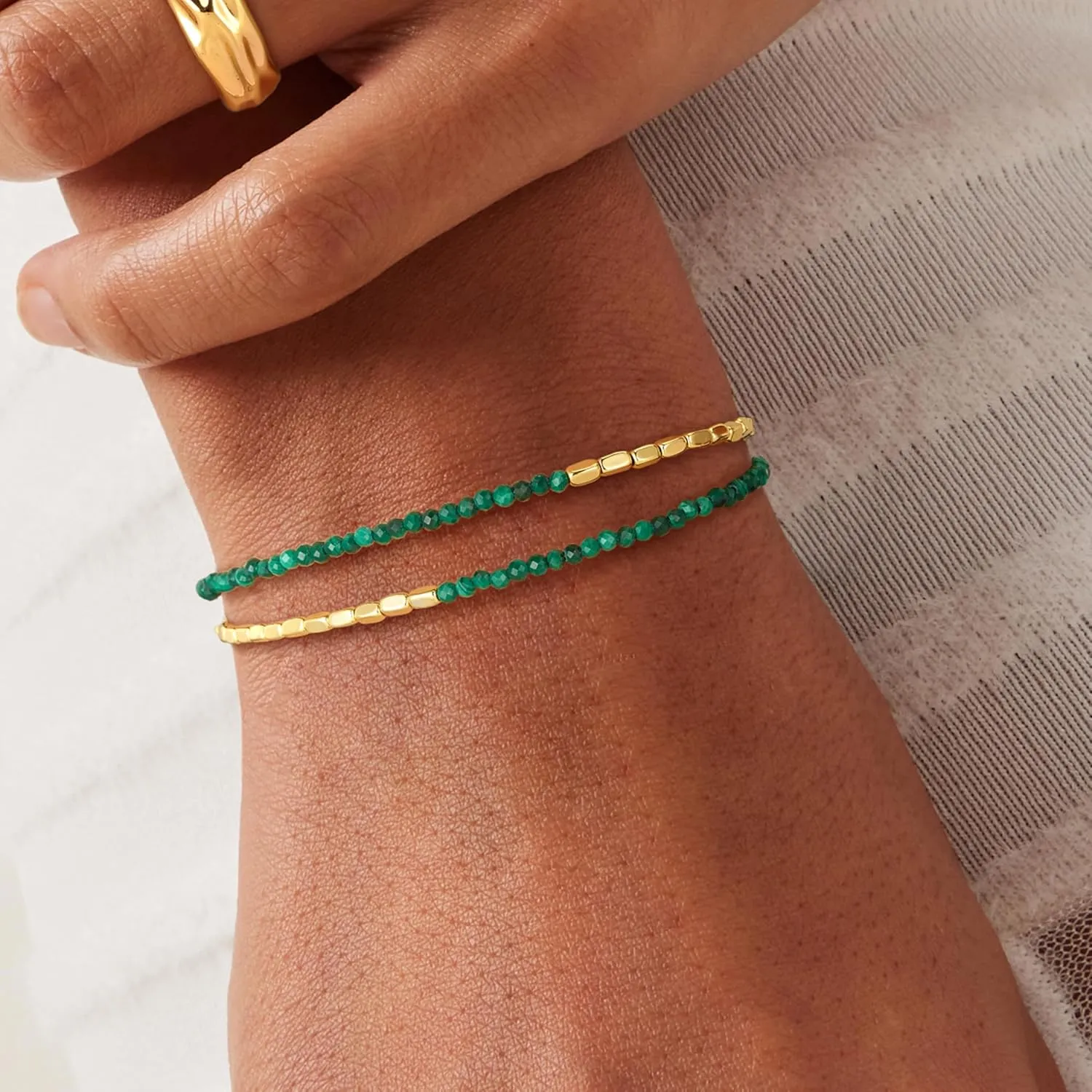 Fettero Charm Bracelet for Women Trendy - Dainty Gold Bracelet Stack Cute Beads Bracelet 14K Gold Plated Layered Boho Bracelets Jewelry