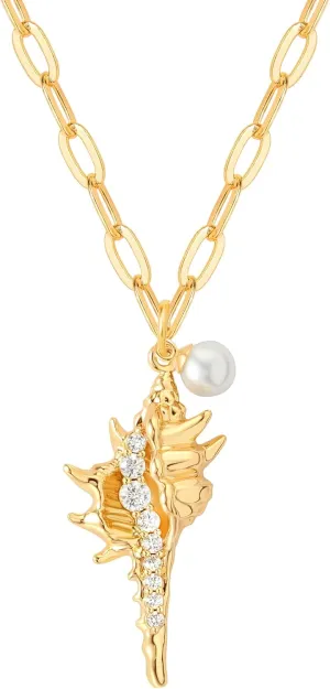 Fettero Gold Necklace for Women 14K Gold Plated Boho Beach Neckalce Charm Starfish Seahorse Conch Ocean Pendant Necklace Adjustable Chain Necklace Beach Jewelry for Women Gift