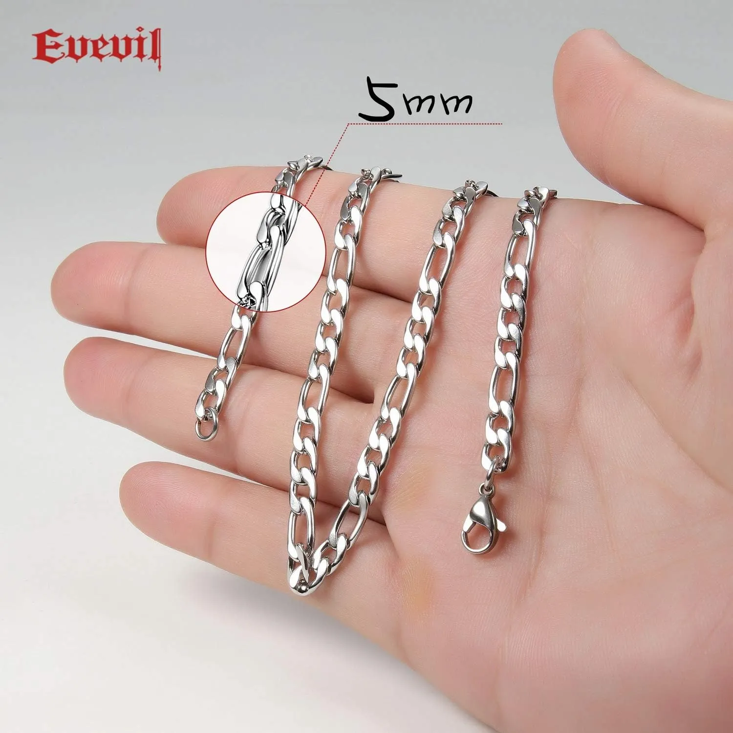 Figaro Chain Stainless Steel Curb Necklace Neck Link Chain Figaro Link Chain For Men (5mm, 18-40 Inches Chain)