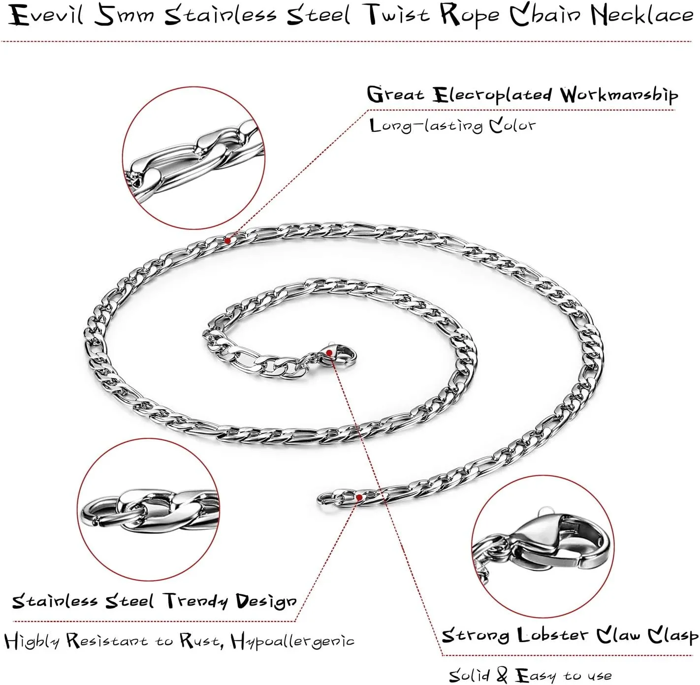 Figaro Chain Stainless Steel Curb Necklace Neck Link Chain Figaro Link Chain For Men (5mm, 18-40 Inches Chain)