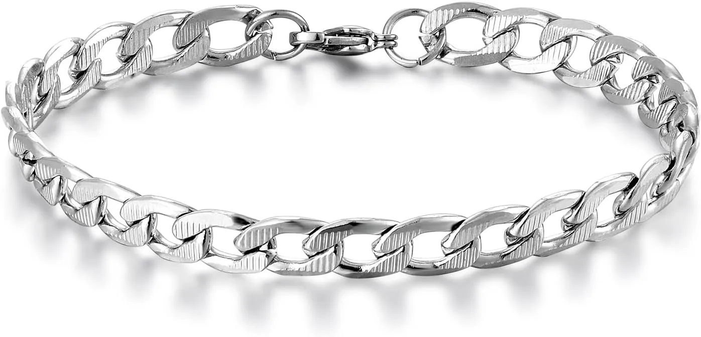 Figaro Link Chain Bracelet Thin Stainless Steel Striped Curb Chain Cuban Chain Link Chain Bangle Bracelet, Mens Womens, Cassic,Chain length 21CM