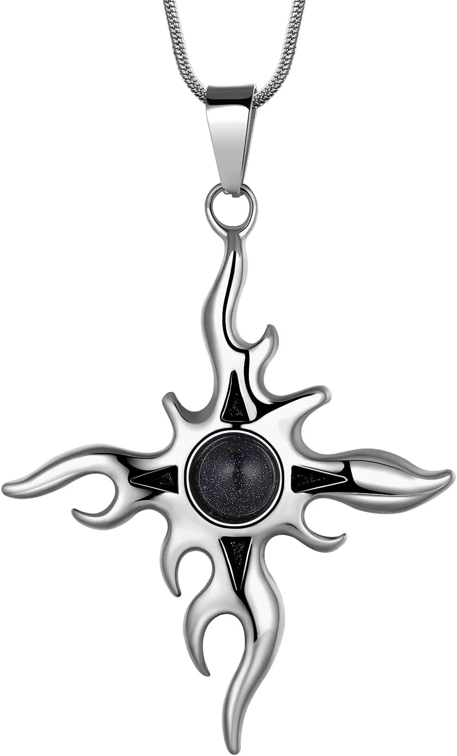 Flaming Sun Cross Pendant Necklace - Cabochon Gemstone Sun Ray Inspired Pendant Men Stainless Steel Punk Jewelry Hip Hop Jewelry Charm Gothic Necklaces