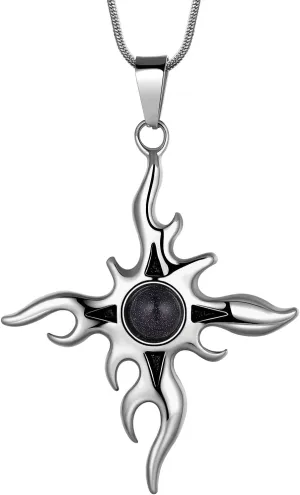 Flaming Sun Cross Pendant Necklace - Cabochon Gemstone Sun Ray Inspired Pendant Men Stainless Steel Punk Jewelry Hip Hop Jewelry Charm Gothic Necklaces