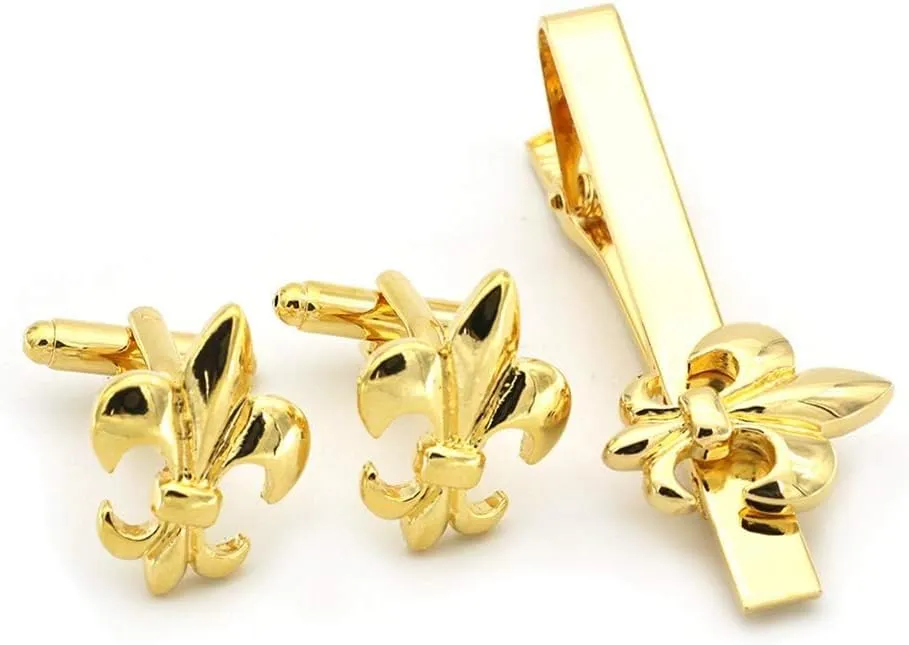 Fleur De Lis Gold Cufflink and Tie Clip Set for Men, Elegant Matching Cufflinks and Tie Bar for Formal Events and Gift Occasion