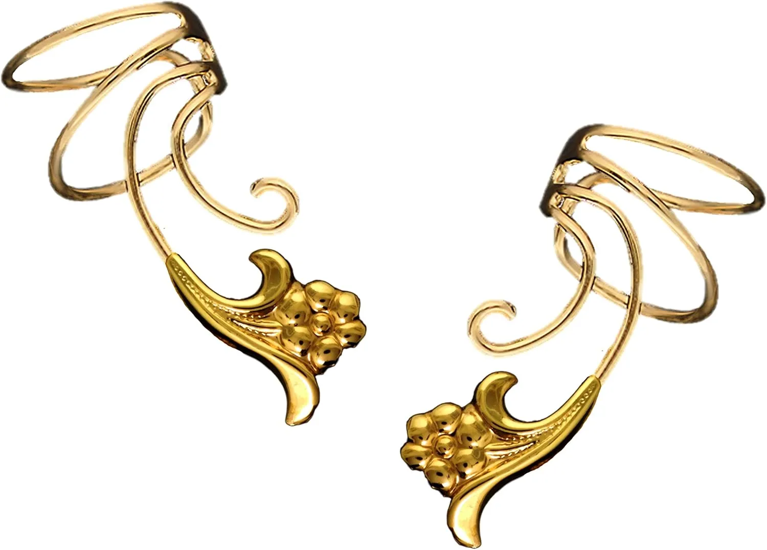 Flower Pair Non-pierced Wave Ear Cuff Earring Wrap Clips Gold On 925 Sterling