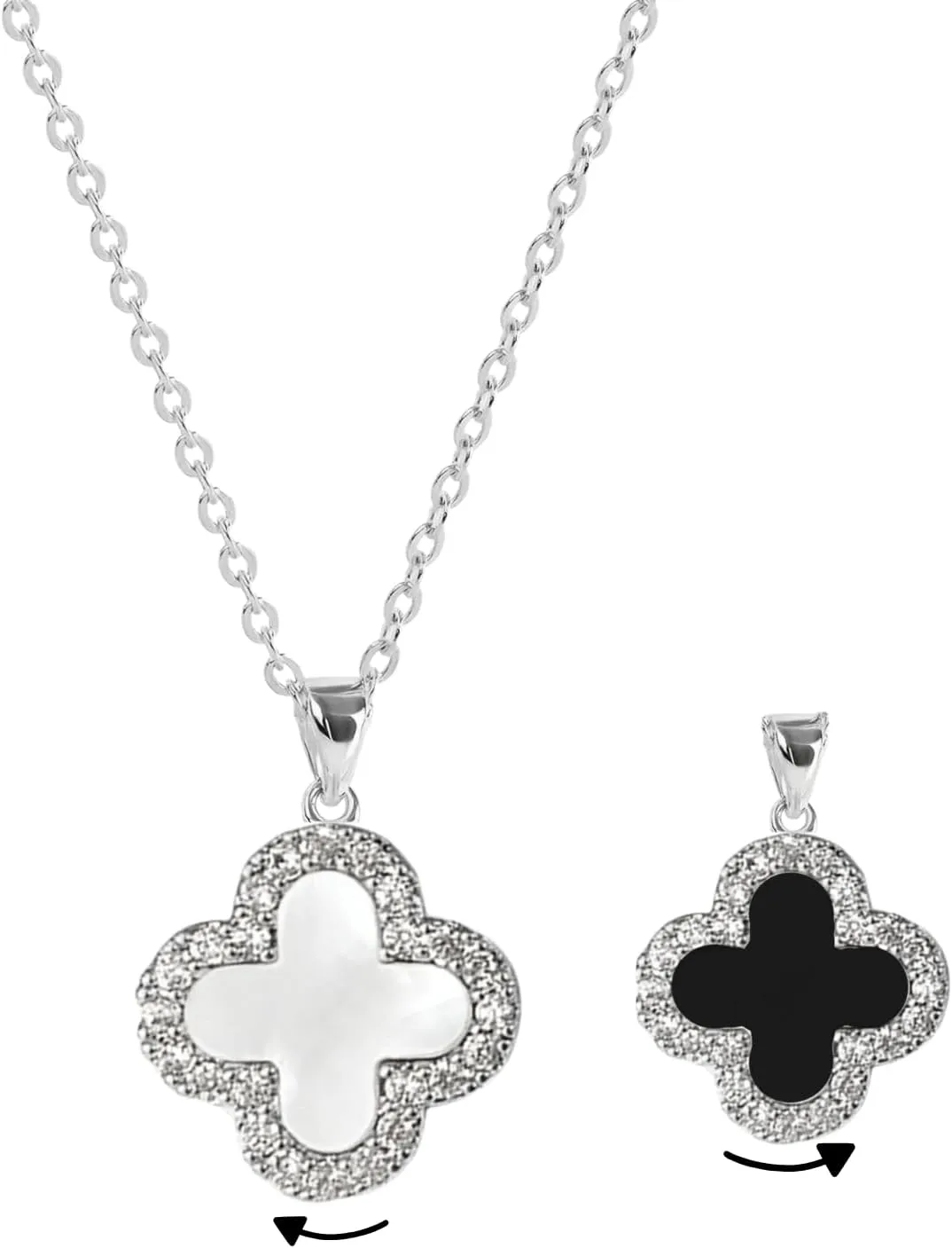 Four Leaf Studded Clover Necklace | Double Sided Clover Necklace White & Black | Lovely Gift for Women