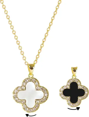 Four Leaf Studded Clover Necklace | Double Sided Clover Necklace White & Black | Lovely Gift for Women