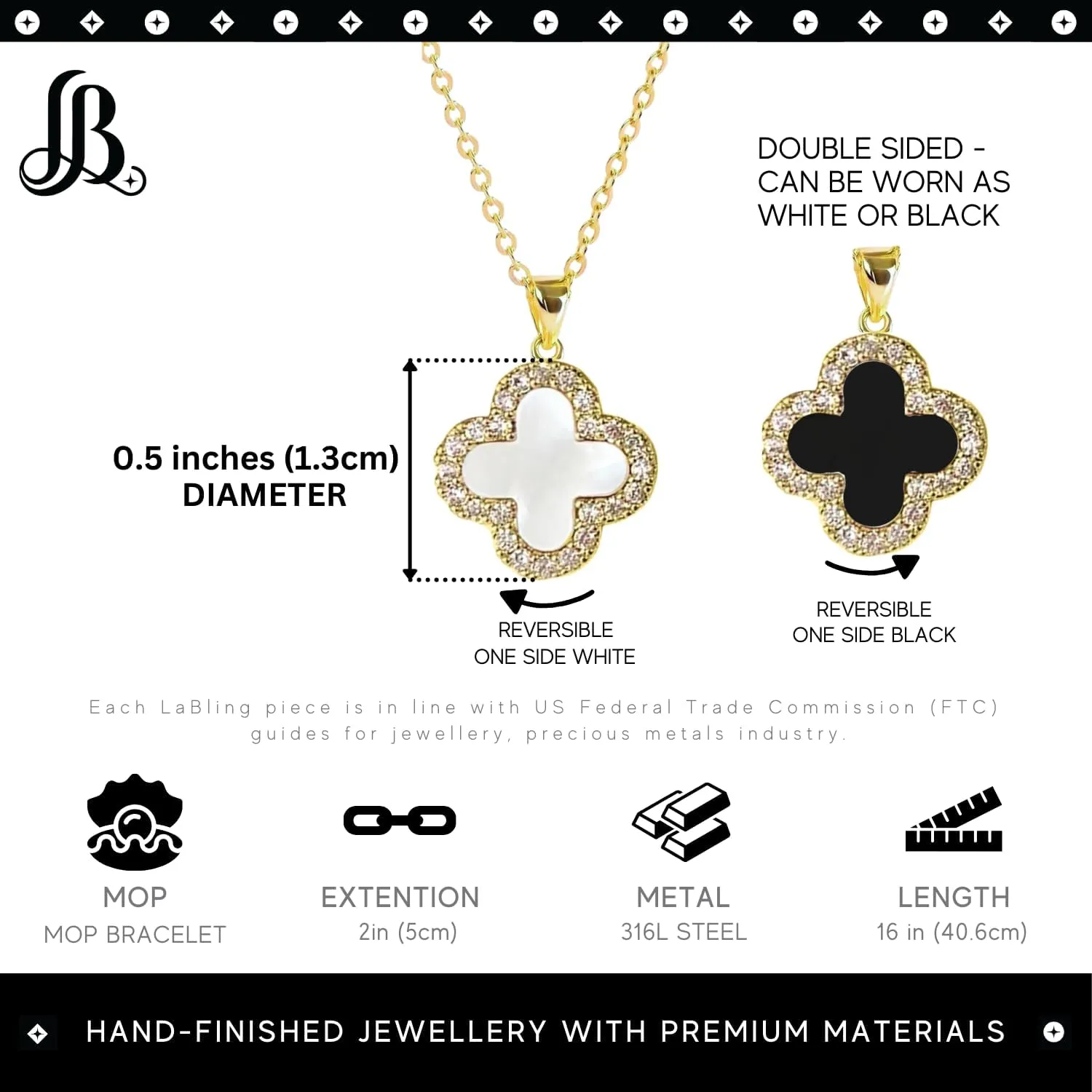 Four Leaf Studded Clover Necklace | Double Sided Clover Necklace White & Black | Lovely Gift for Women