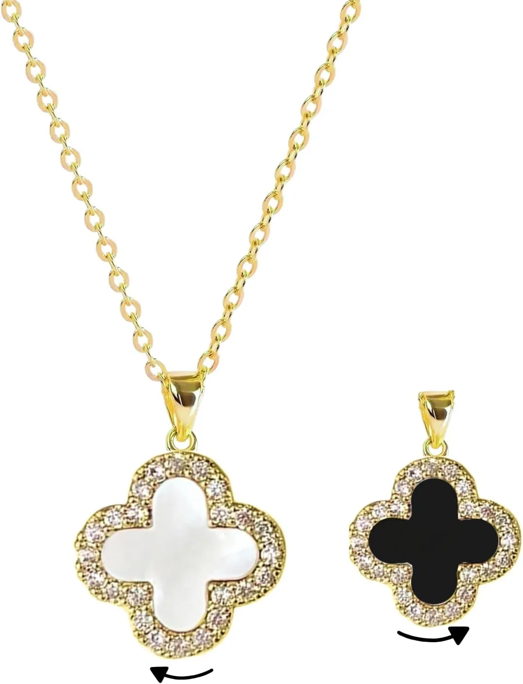 Four Leaf Studded Clover Necklace | Double Sided Clover Necklace White & Black | Lovely Gift for Women