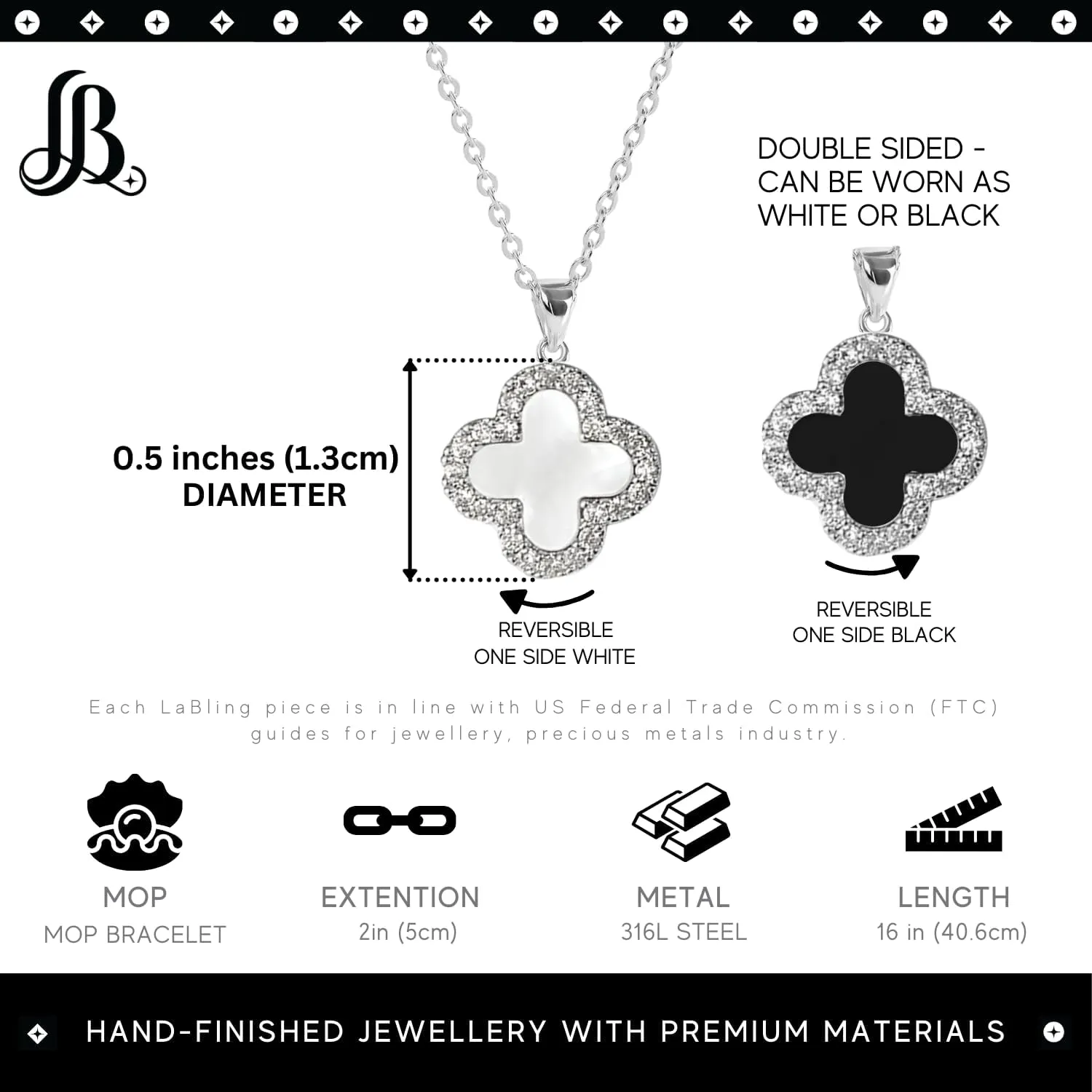Four Leaf Studded Clover Necklace | Double Sided Clover Necklace White & Black | Lovely Gift for Women