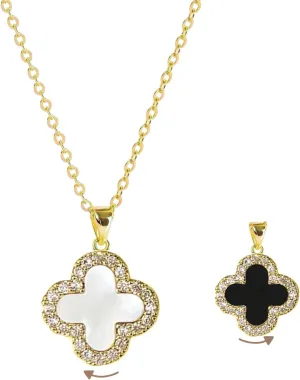 Four Leaf Studded Clover Necklace | Double Sided Clover Necklace White & Black Necklace for Women | Lovely Gift