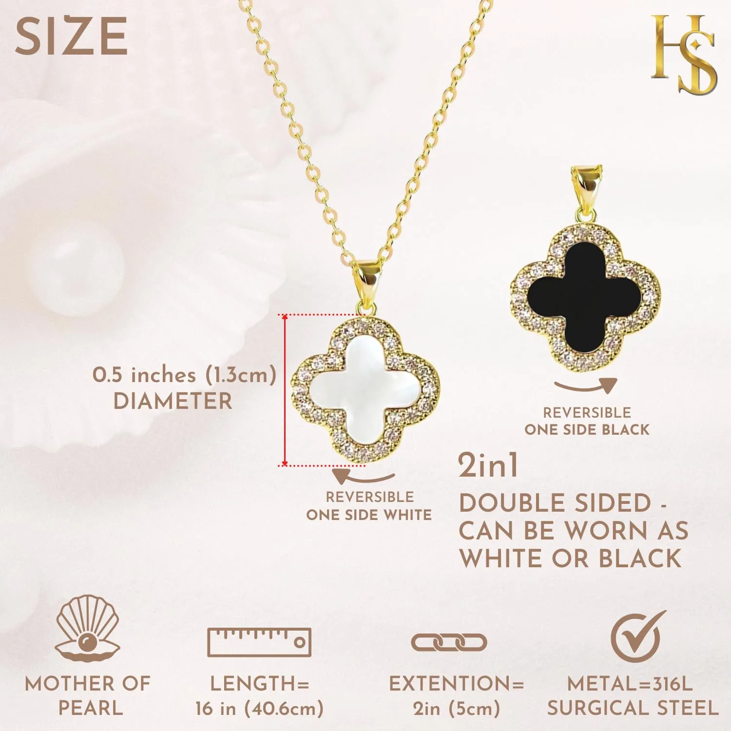 Four Leaf Studded Clover Necklace | Double Sided Clover Necklace White & Black Necklace for Women | Lovely Gift
