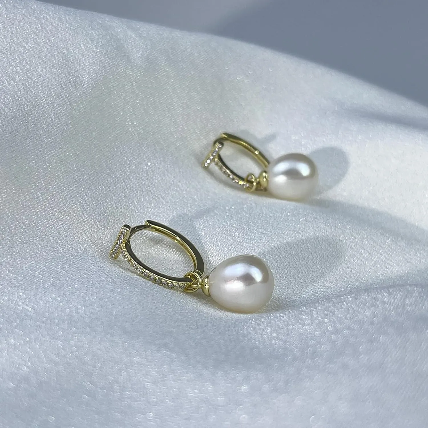 Freshwater Cultured Pearl Dangle Drop Earrings for Women, 925 Sterling Silver with Cubic Zirconia Huggie Hoop Earrings, Handpicked 8.5-9.5MM Large Pearls Hypoallergenic Jewelry Gifts