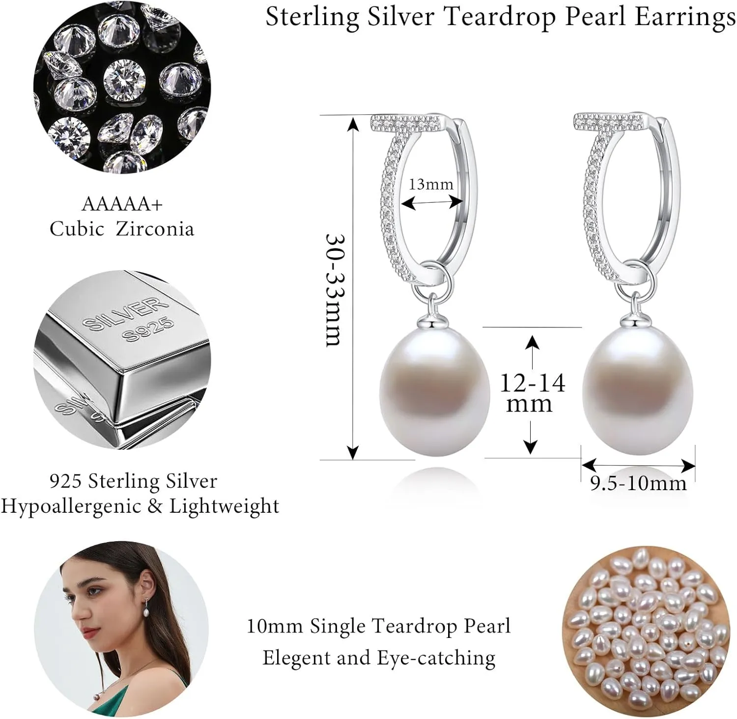 Freshwater Cultured Pearl Dangle Drop Earrings for Women, 925 Sterling Silver with Cubic Zirconia Huggie Hoop Earrings, Handpicked 8.5-9.5MM Large Pearls Hypoallergenic Jewelry Gifts