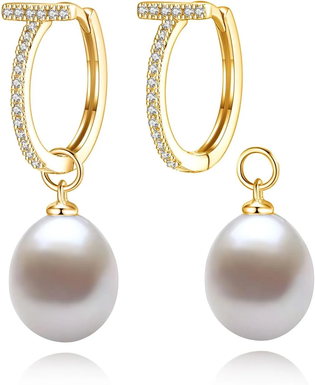 Freshwater Cultured Pearl Dangle Drop Earrings for Women, 925 Sterling Silver with Cubic Zirconia Huggie Hoop Earrings, Handpicked 8.5-9.5MM Large Pearls Hypoallergenic Jewelry Gifts