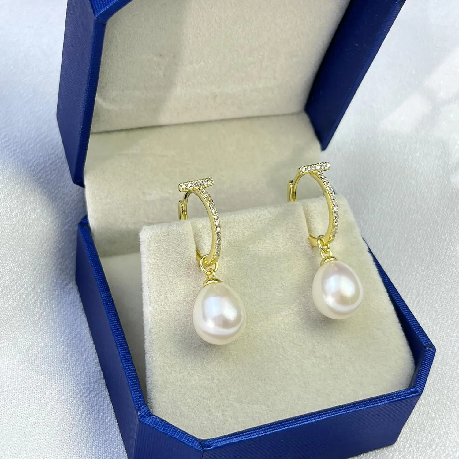 Freshwater Cultured Pearl Dangle Drop Earrings for Women, 925 Sterling Silver with Cubic Zirconia Huggie Hoop Earrings, Handpicked 8.5-9.5MM Large Pearls Hypoallergenic Jewelry Gifts