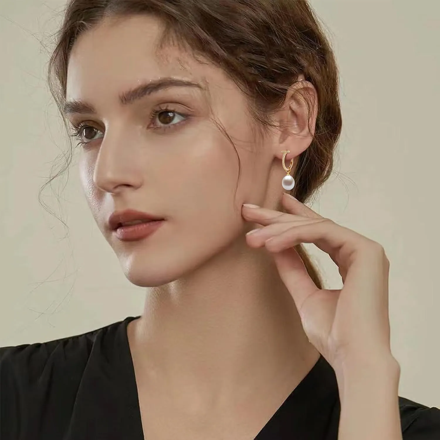 Freshwater Cultured Pearl Dangle Drop Earrings for Women, 925 Sterling Silver with Cubic Zirconia Huggie Hoop Earrings, Handpicked 8.5-9.5MM Large Pearls Hypoallergenic Jewelry Gifts
