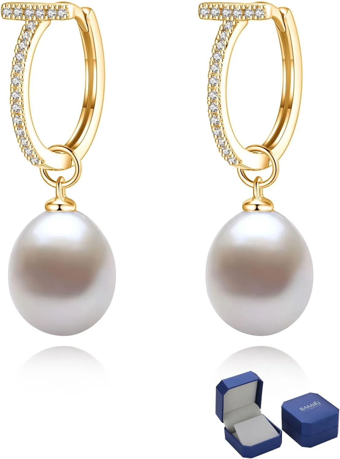 Freshwater Cultured Pearl Dangle Drop Earrings for Women, 925 Sterling Silver with Cubic Zirconia Huggie Hoop Earrings, Handpicked 8.5-9.5MM Large Pearls Hypoallergenic Jewelry Gifts
