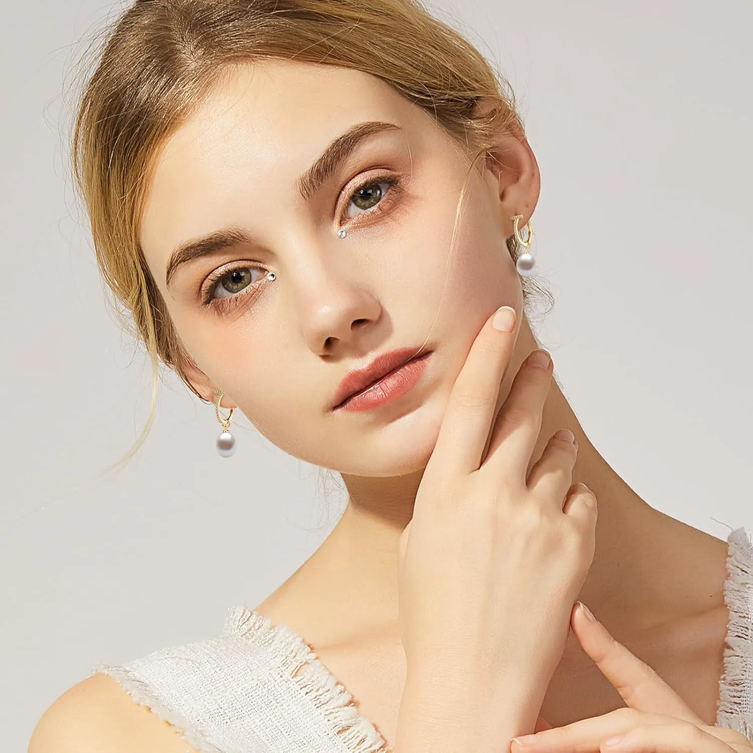 Freshwater Cultured Pearl Dangle Drop Earrings for Women, 925 Sterling Silver with Cubic Zirconia Huggie Hoop Earrings, Handpicked 8.5-9.5MM Large Pearls Hypoallergenic Jewelry Gifts