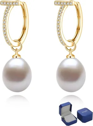 Freshwater Cultured Pearl Dangle Drop Earrings for Women, 925 Sterling Silver with Cubic Zirconia Huggie Hoop Earrings, Handpicked 8.5-9.5MM Large Pearls Hypoallergenic Jewelry Gifts