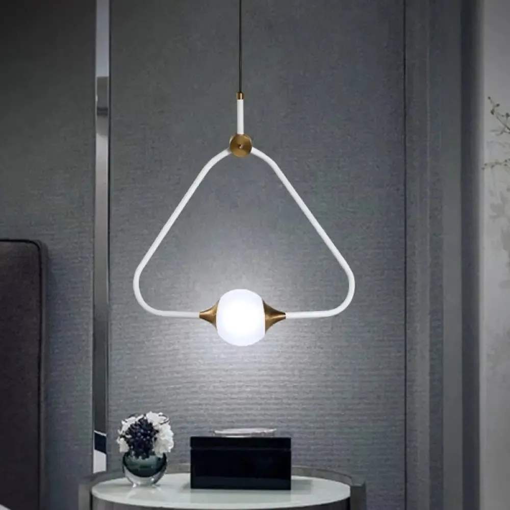 Frosted Glass Pendulum Light - Minimalist White Ceiling Pendant with Triangular Frame