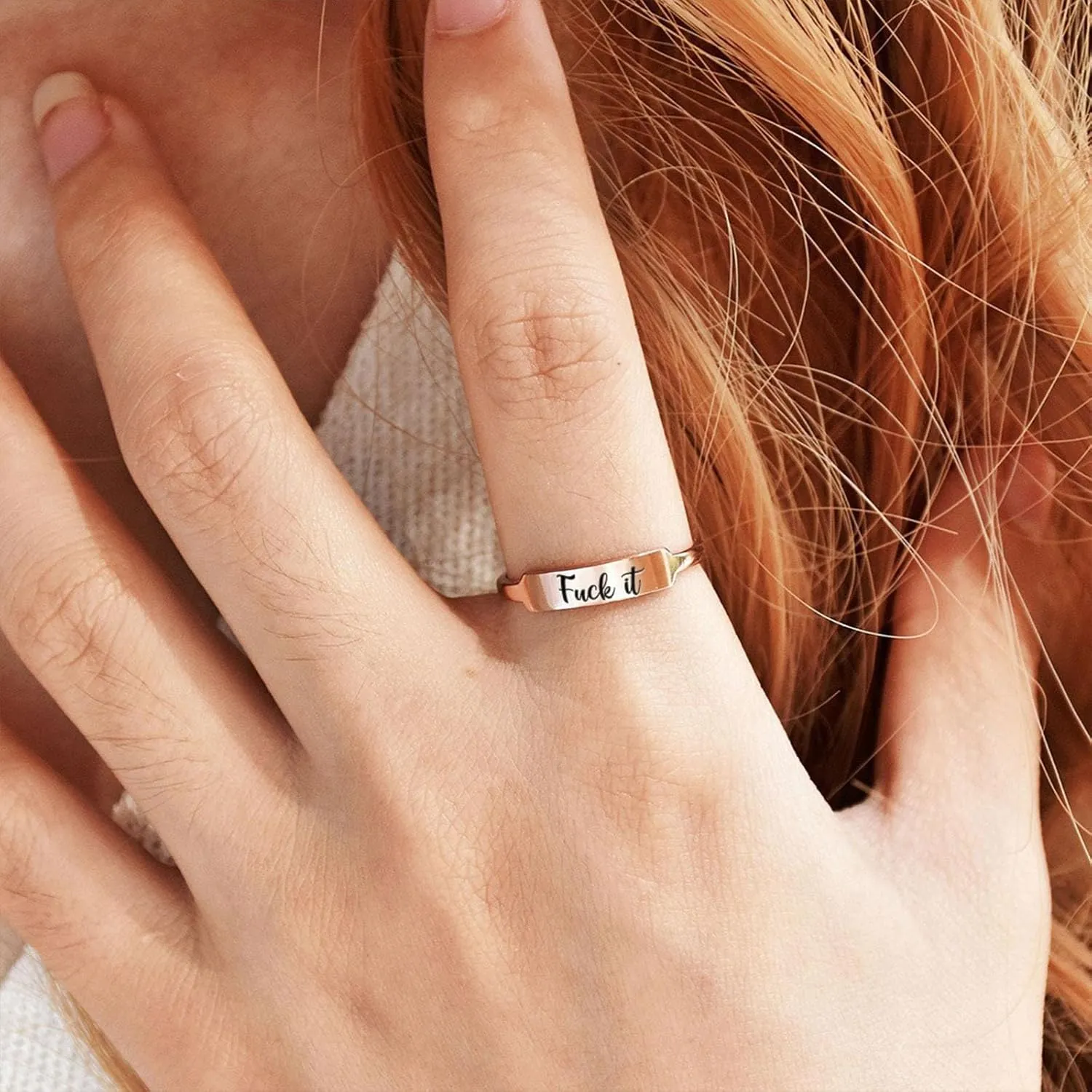 Fuck It Dainty Bar Ring Funny Engraved Fuck It Ring Stainless Steel Rings with Fuck It Letters for Women Men