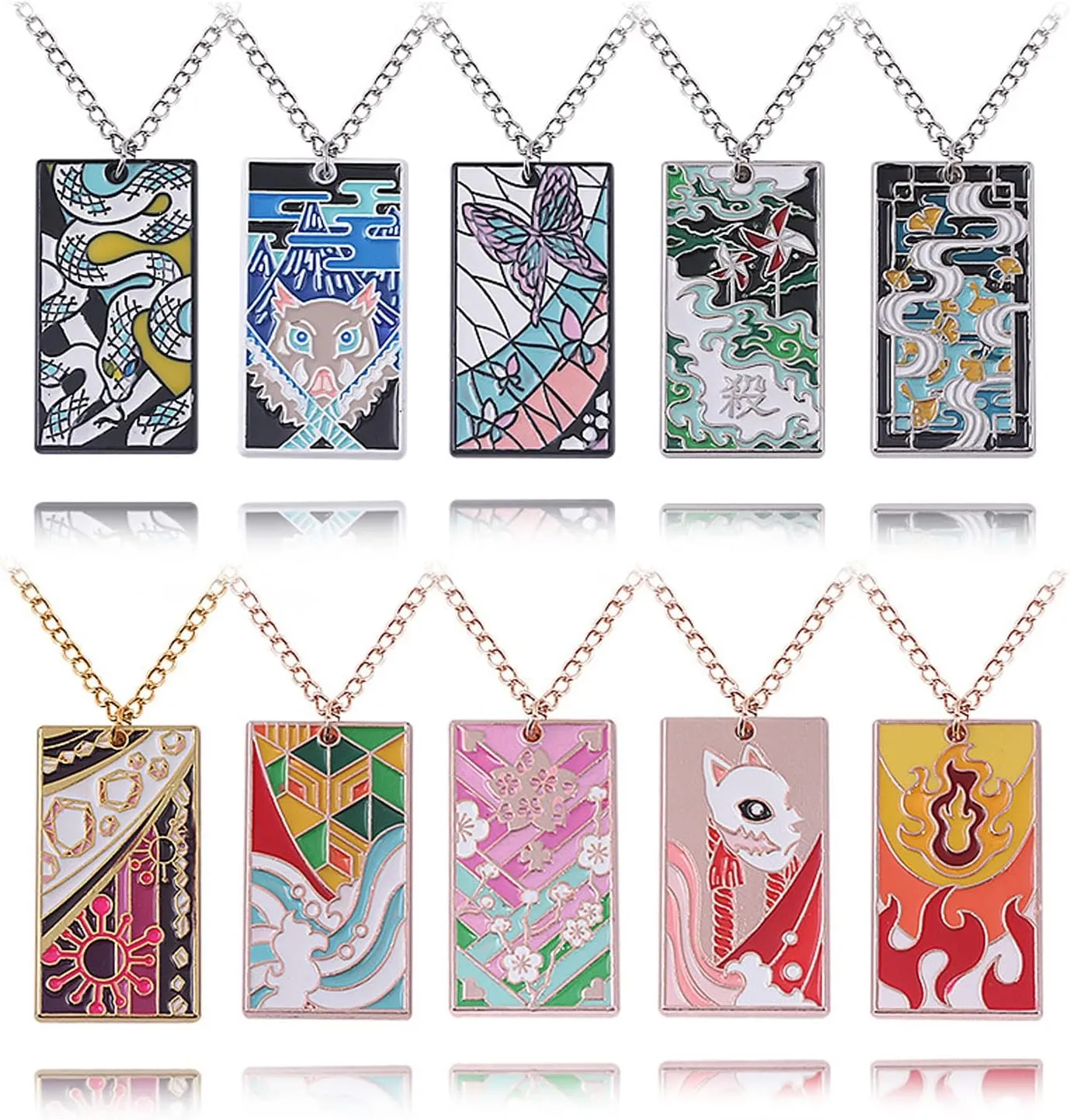 FunBoat 10Pcs Kimetsu No Yaiba Rengoku Mitsuri Necklace Set - Anime Tanjiro Hanafuda Dangle Earrings - Halloween Costume Cosplay Gifts for Men Women