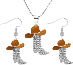 Fuqimanman2020 Colorful Rhinestone Western Boots Necklace Earrings Set for Women Boho Cowgirl Cowboy Enamel Hat Boot Drop Dangle Earrings Country Concert Party Outfits Jewelry Gift