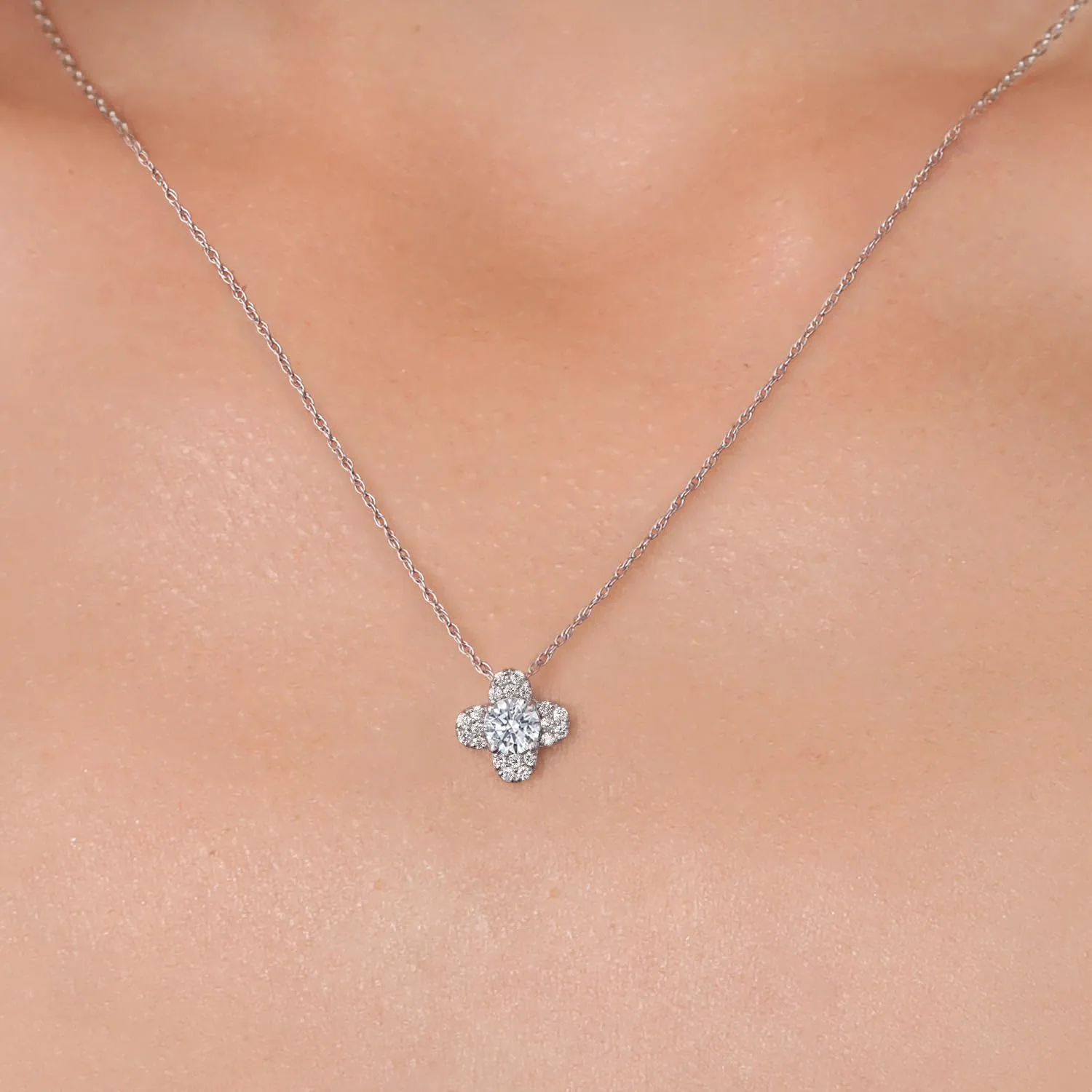Gem Stone King 10K White Gold 4MM Round Gemstone Birthstone and White Lab Grown Diamond Clover Design Pendant Necklace | Gold Necklace For Women | With 18 Inch Chain
