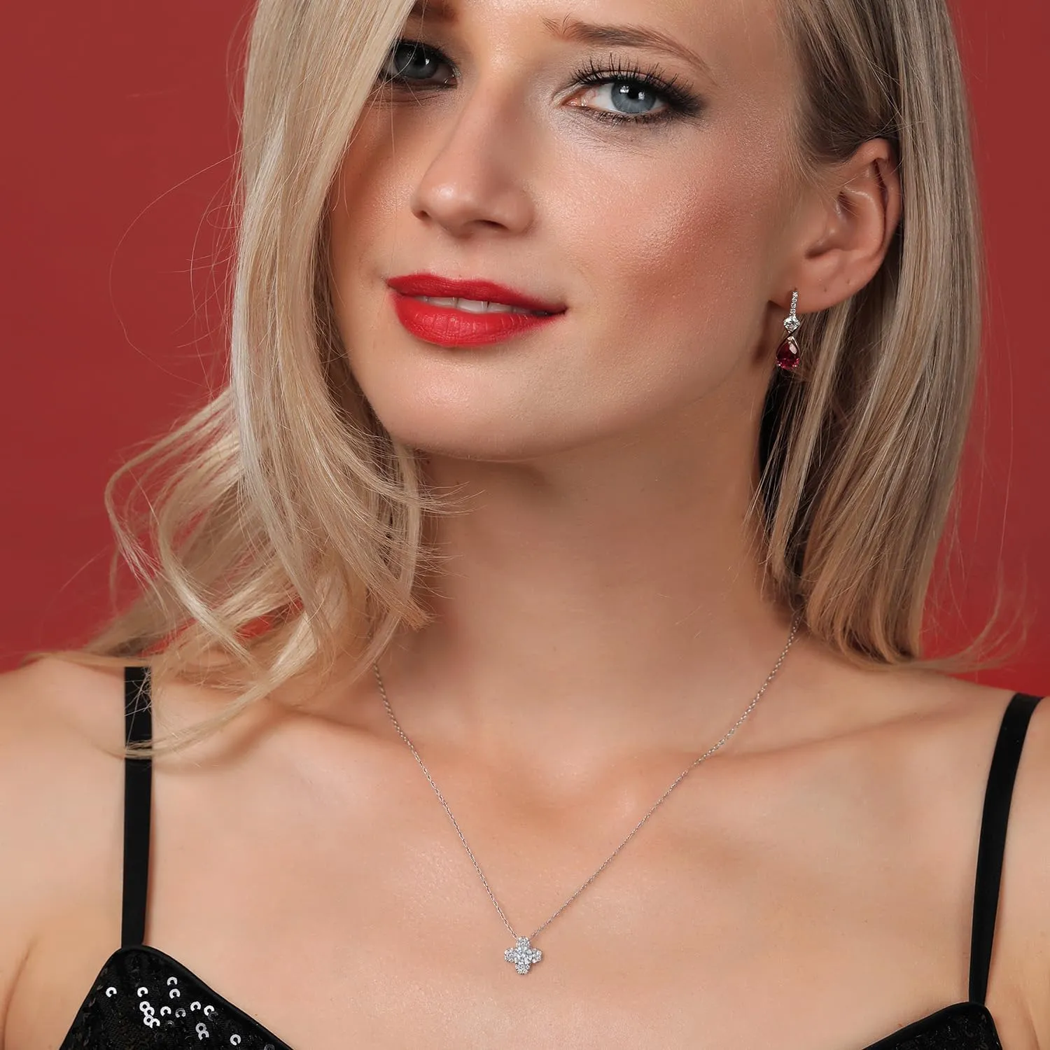 Gem Stone King 10K White Gold 4MM Round Gemstone Birthstone and White Lab Grown Diamond Clover Design Pendant Necklace | Gold Necklace For Women | With 18 Inch Chain