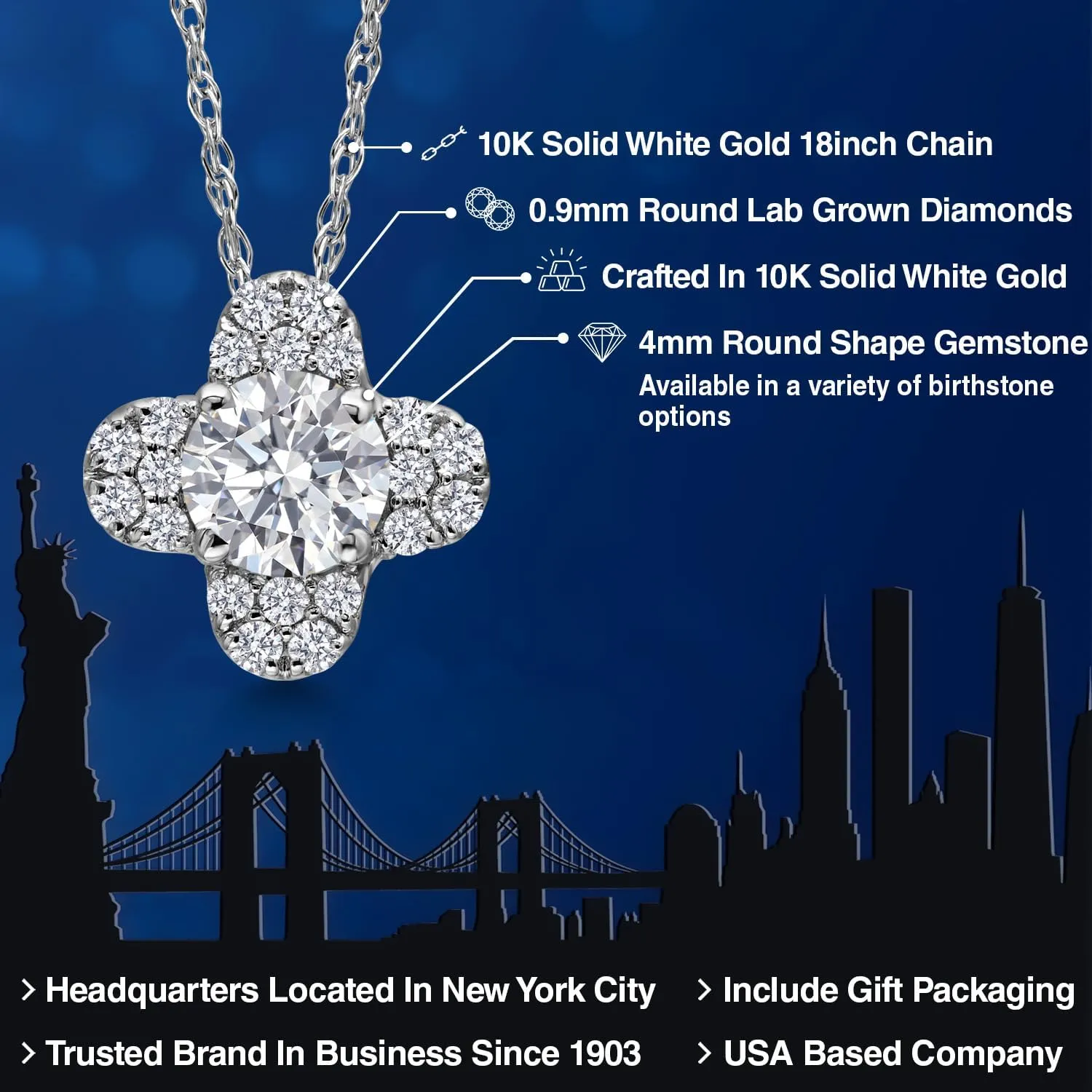 Gem Stone King 10K White Gold 4MM Round Gemstone Birthstone and White Lab Grown Diamond Clover Design Pendant Necklace | Gold Necklace For Women | With 18 Inch Chain