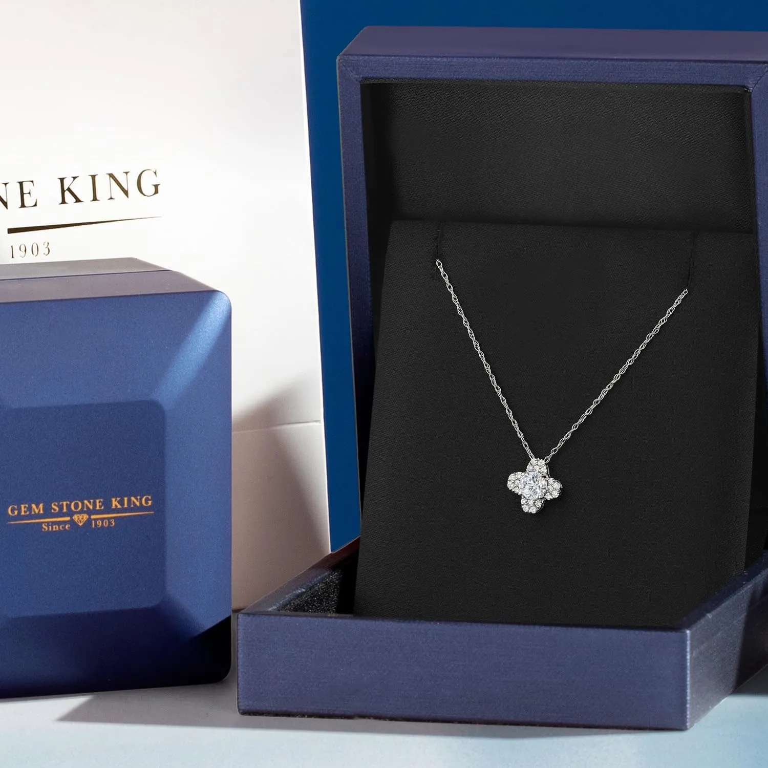 Gem Stone King 10K White Gold 4MM Round Gemstone Birthstone and White Lab Grown Diamond Clover Design Pendant Necklace | Gold Necklace For Women | With 18 Inch Chain