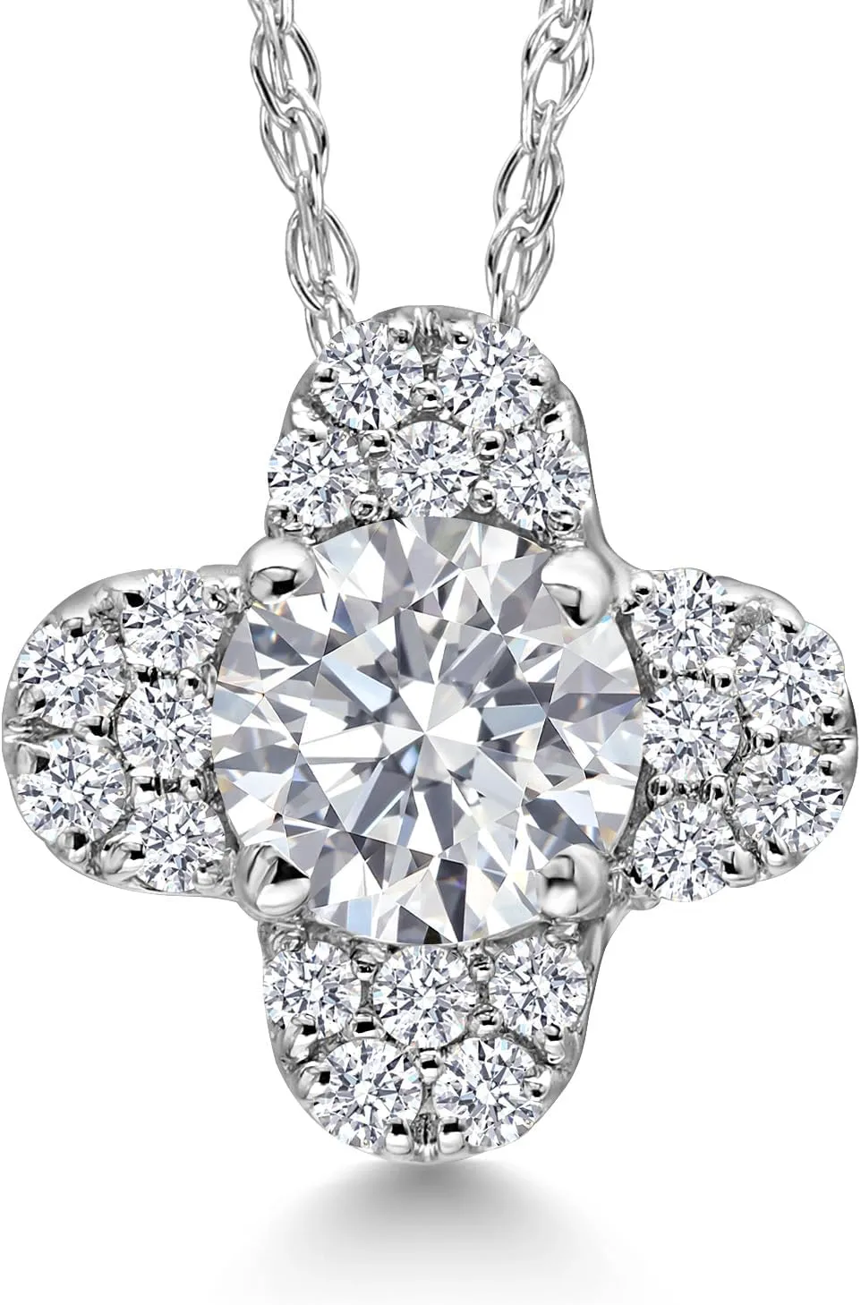 Gem Stone King 10K White Gold 4MM Round Gemstone Birthstone and White Lab Grown Diamond Clover Design Pendant Necklace | Gold Necklace For Women | With 18 Inch Chain